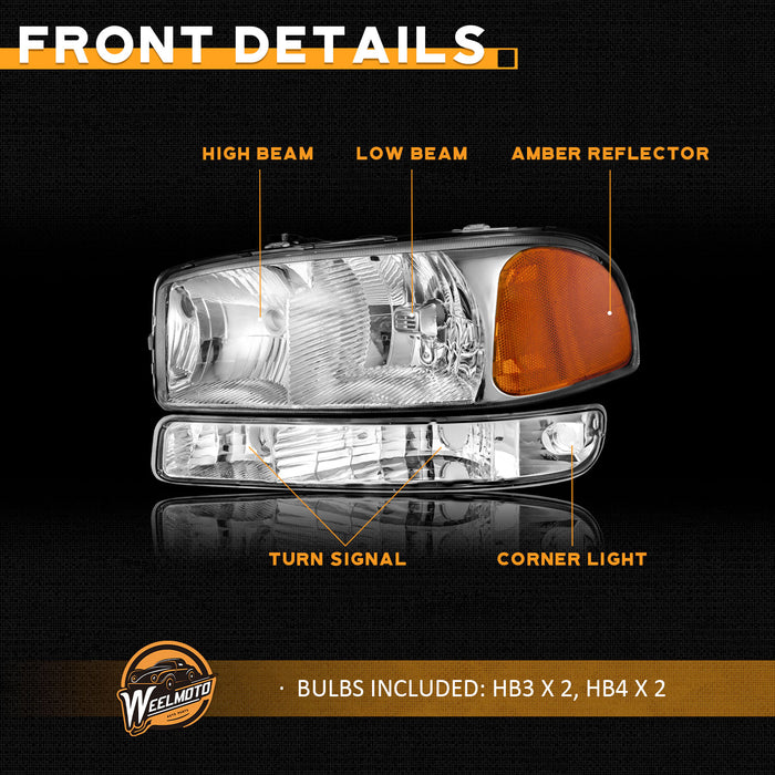 For 1999-2004 GMC Sierra 1500 2500/05-06 Sierra 1500/01-06 Sierra 2500HD 3500 1500HD / 99-06 GMC Yukon Headlight (Chrome)