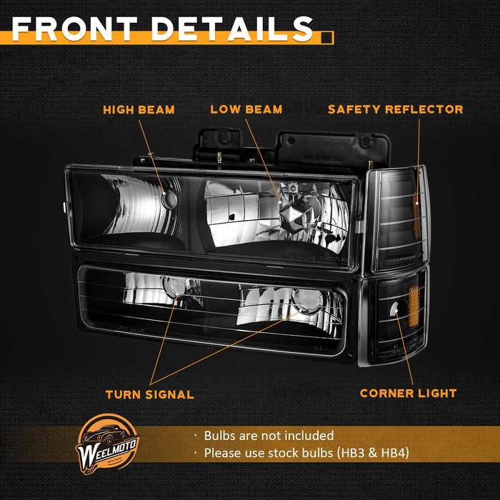 For 1994-1998 GMC C10 C/K 1500 2500 3500 Sierra;94-99 C/K 1500 2500 Suburban Yukon Headlights (Black)