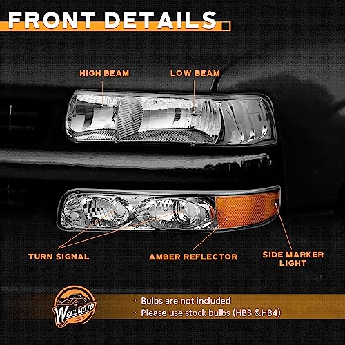 For 99-02 Chevy Silverado 1500 2500; for 01-02 Silverado 1500HD 2500HD 3500HD; for 00-06 Tahoe Suburban 1500 2500; Headlight+Bumper Parking Turn Signal Marker Light 4PCS (Chrome)
